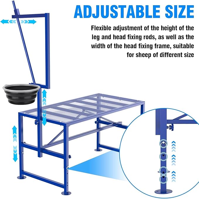 600 LBs Goat Stand with Feed Bin, Goat Milking Stand for Sheep Trimming and Milking, Hoof Trimming Stand Adjustable Size, with Feeder, Iron Blue