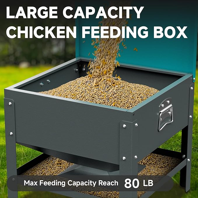 Portable Metal Chicken Feeder with Waterproof Lid, Freestanding Chicken Feeding Box with 80 lbs Large Capacity for Chickens, Green