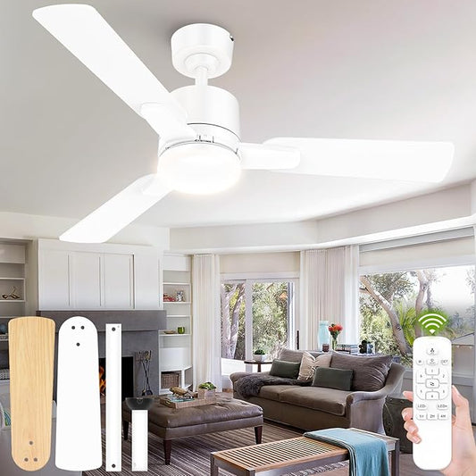 Ceiling Fans with Lights, 52 Inch Low Profile Ceiling Fan with Light and Remote Control,10 Min Quick Installation,Reversible,3CCT Dimmable,Quiet,white Small Ceiling Fan for Bedroom Indoor/Outdoor