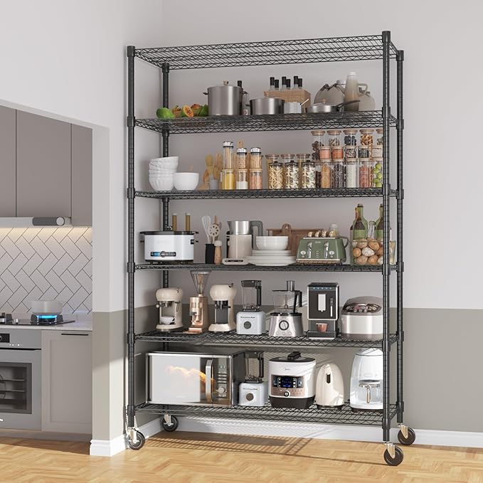 Himimi 82" H Storage Shelves 6 Tier Metal Shelving Adjustable Wire Shelf with Wheels, Heavy Duty Shelving for Garage Kitchen Pantry Bathroom Laundry,18" D*48" W*82" H, Black
