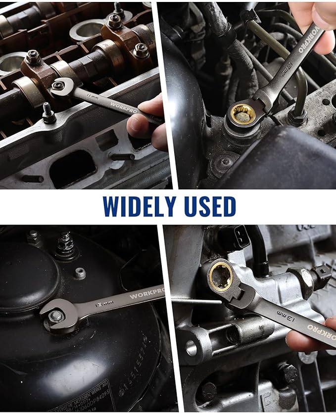 WORKPRO 8-piece Flex-Head Ratcheting Combination Wrench Set, Metric 9-17 mm, 72-Teeth, Cr-V Constructed, Nickel Plating with Organization Bag