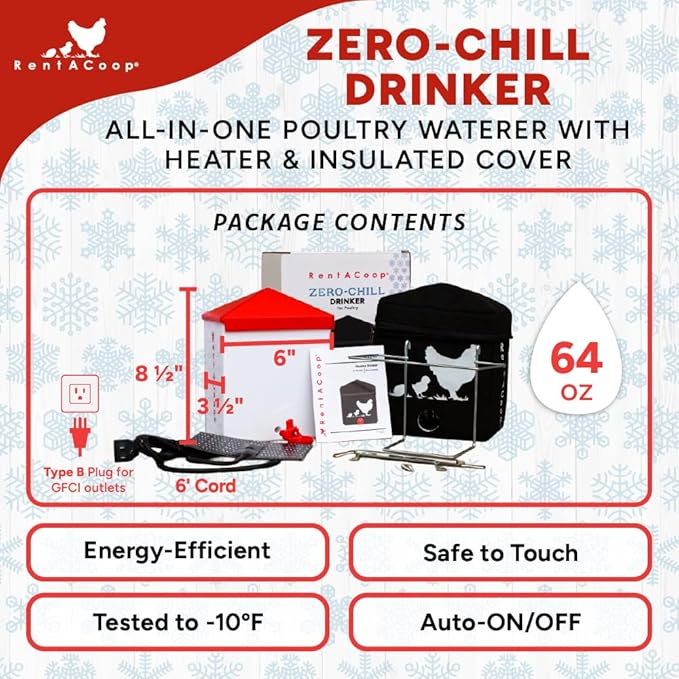 RentACoop Zero Chill Heated Drinker – 64 oz All-in-One Poultry Waterer with Heater & Insulated Cover, Cold-Weather Tested to -10°F, Cone Lid and Horizontal Nipple for Chickens & Small Flocks