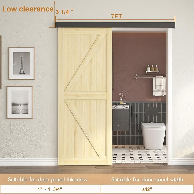 7FT Sliding Barn Door Hardware, Low Clearance Aluminium Alloy Box Rail Hardware for Wooden Barn Door, Interior Barn Door Track, Easy to Install, Black