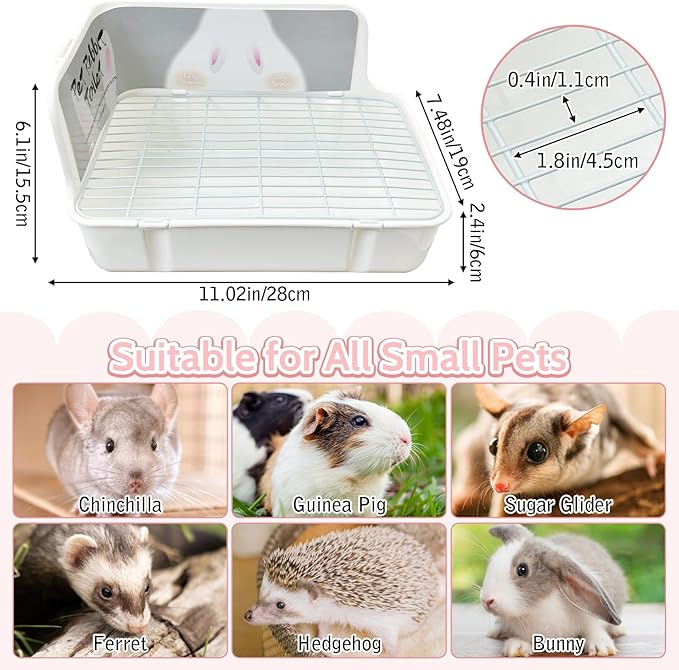 Tfwadmx Rabbit Litter Box Bunny Corner Litter Pan Pet Bedding Litter Box with Grate Small Animal Toilet Potty Trainer for Rabbit Bunny Chinchilla Guinea Pig Ferret (White)