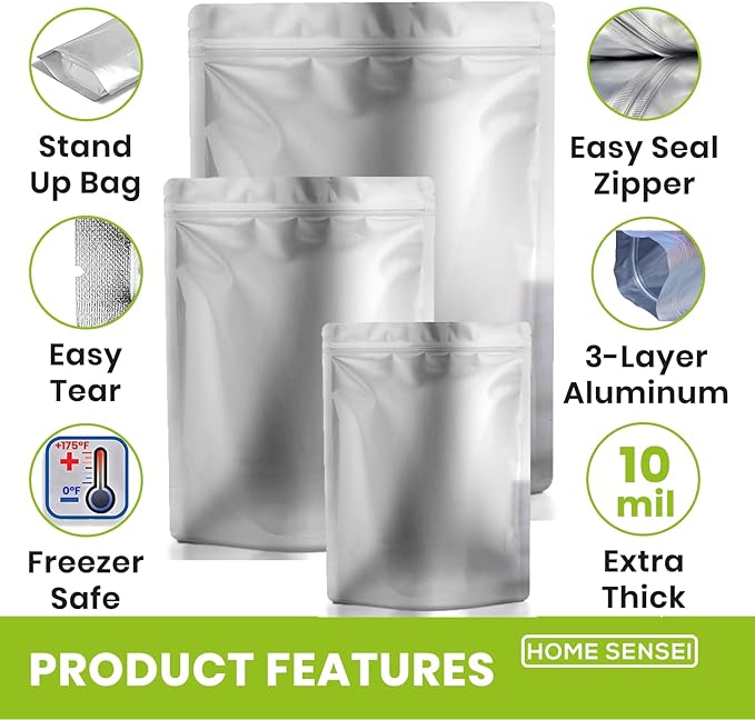 100pcs Mylar Bags for Food Storage - Extra Thick 10 Mil - Includes Gallon/Quart/Pint Sizes with 400cc Oxygen Absorbers - Zip Resealable Storage Pouches - Bolsas Mylar