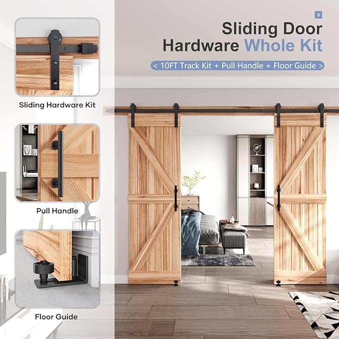 EaseLife 10 FT Double Sliding Barn Door Track and Handle Hardware Kit,Straight Pulley,Slide Smoothly Quietly,Easy Install (10FT Track Kit for 27"~30" Wide Double Door)