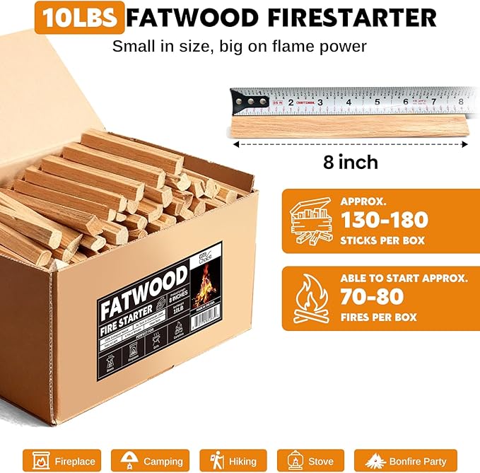 W&E Choice 10LB Fatwood Fire Starter Sticks, 130-180Pcs 100% Natural Dried Pine Kindling Wood, Easy Ignition for Campfires, Firepit, Fireplaces, BBQ, Stoves
