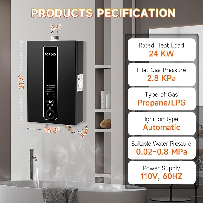 Propane Tankless Water Heater, 4.74 GPM 18L Indoor,Constant propane water heater,Instant Hot Propane Gas Water Heater with Fahrenheit Digital Display,Multi-Protection