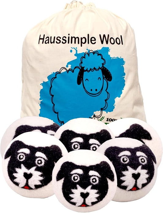 Wool Dryer Balls 6-Pack 100% Natural New Zealand Wool, Handmade in Nepal Reusable Laundry Balls, Faster Drying, Softer Clothes, Anti-Static, Dryer Sheets Alternative (Black White, Dog)