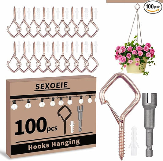 100 PCS Rose Gold Eye Screw Hooks for Hanging Heavy Duty with Safety Buckle.Metal Ceiling Hooks for Hanging Plants Cup Wind Chime Bird Feeders Patio Lights at Indoor&Outdoor
