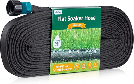 Flat Soaker Hose 50 FT for Garden Beds, 50Ft 1/2" Linkable Consistent Drip Irrigation Hose Save 80% Water, Leakproof Heavy Duty Double Layer Sprinkler Hose