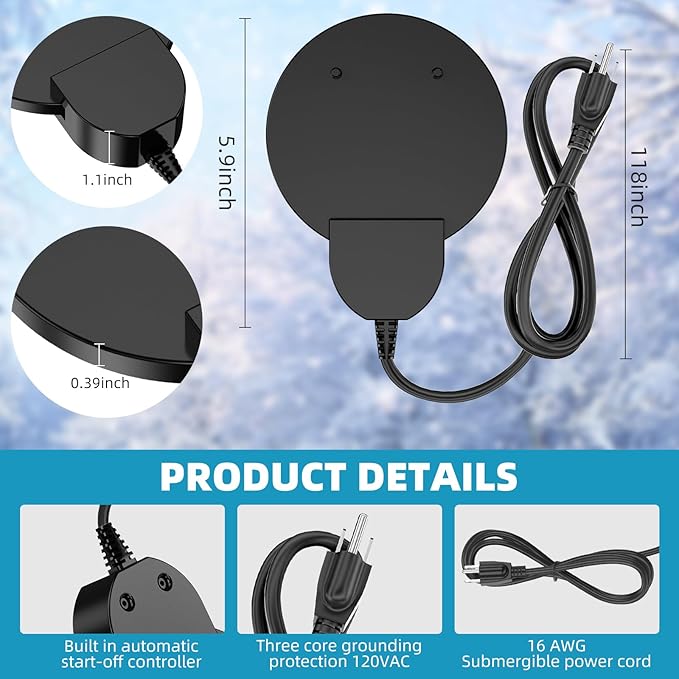 500W De-Icer Birdbath Heater with Black Teflon Coating, Integral Cast Aluminum Trough Heater for Livestock,Poultry, Birds, and Wildlife, Winter Use for Chicken Water Heater,9.84FT Cord