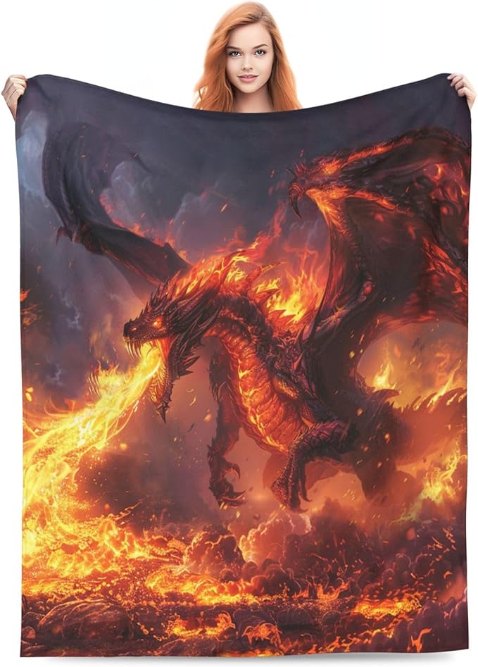 Fire Dragon Blanket Red Cool Dragon Decor Throw Blanket Cozy Plush Flannel Fleece Warm Soft Lightweight Fuzzy Blanket Dragon Lovers Gifts for Boys Girls Teens Women for Bed Sofa Couch 60"X80"