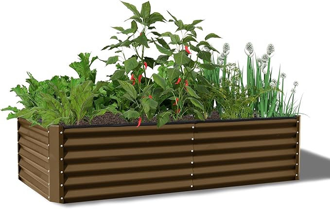 Domi 6x3x1.5ft Metal Raised Garden Beds Outdoor, Thickened Galvanized Steel Deep Root Planter Box with Stabilizing Bars & Rubber Edging for Vegetables, Flowers, Herbs - Brown