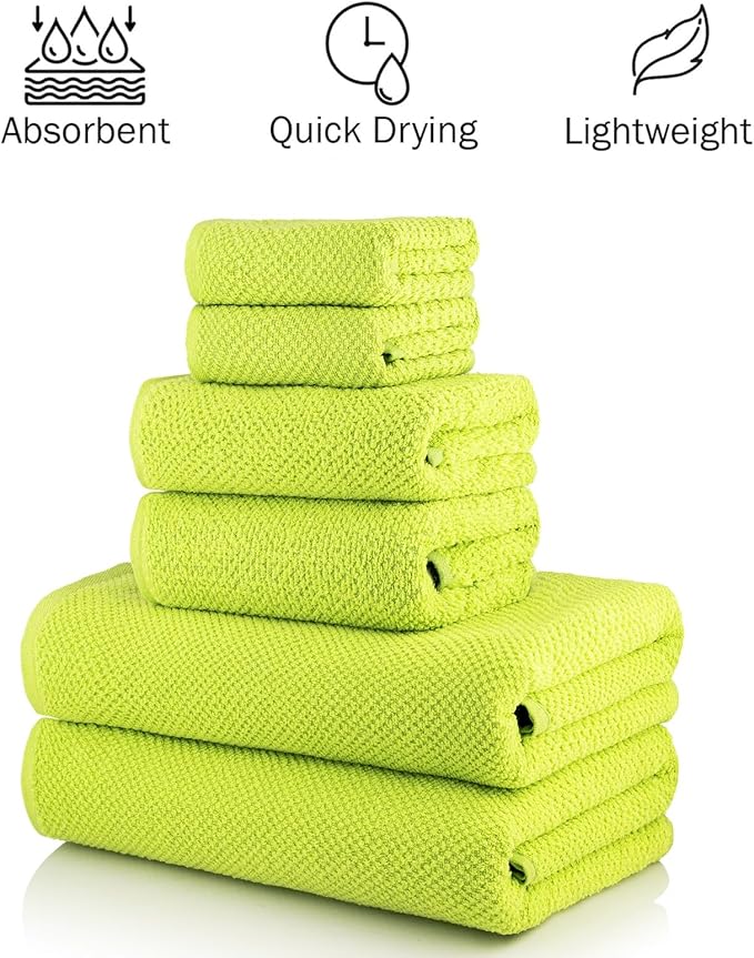 CASA COPENHAGEN Popcorn Textured 6 Pieces Towel Set- Neon Green, 550 GSM 2 Bath Towel 2 Hand Towel 2 Washcloth, Rough & Tough Use Cotton Towels Gift Set for Bathroom