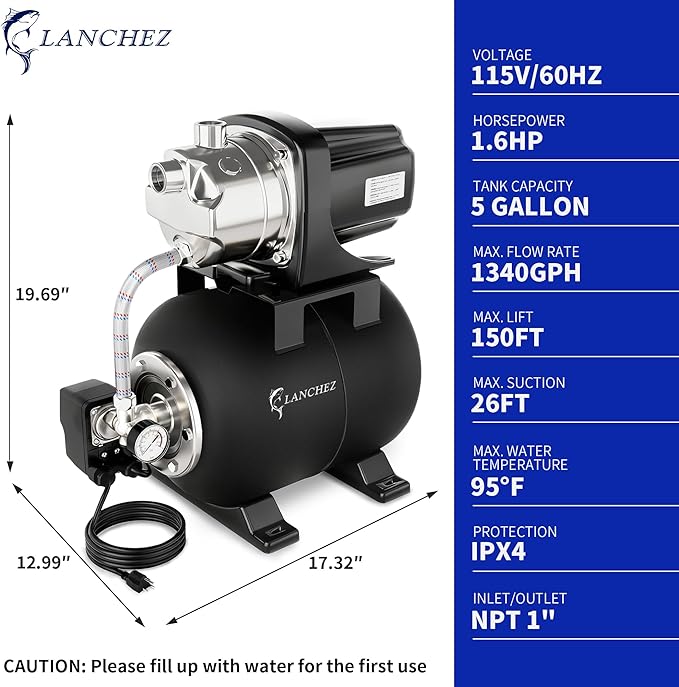 LANCHEZ 1.6HP Shallow Well Pump with Pressure Tank, 115V 1340GPH Automatic Irrigation Water Booster Jet Pump, Stainless Steel Water Transfer Pump for Home Garden Lawn Sprinkler Irrigation, Matte