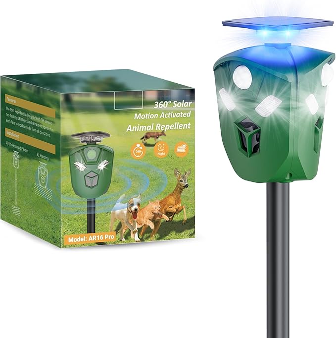 Solar Ultrasonic Animal Repeller Outdoor, 360° All Round Cat Deterrent Outdoor with 6 Flashing Lights and 3 PIR Sensors, Deer Repellent for Repelling Sankes, Raccoons, Cats, Dogs