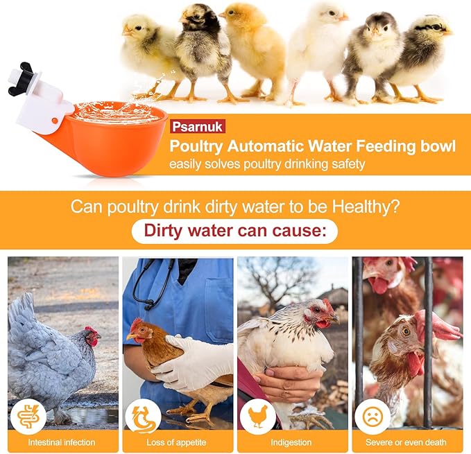 Chicken Waterer Cups (8 Pack/Orange) - DIY Automatic Large Chicken Water Feeder for Ducks,Chicks, Turkeys, Quail, Bunny, Bird and Other Various Poultry Dispenser with Matching Drill