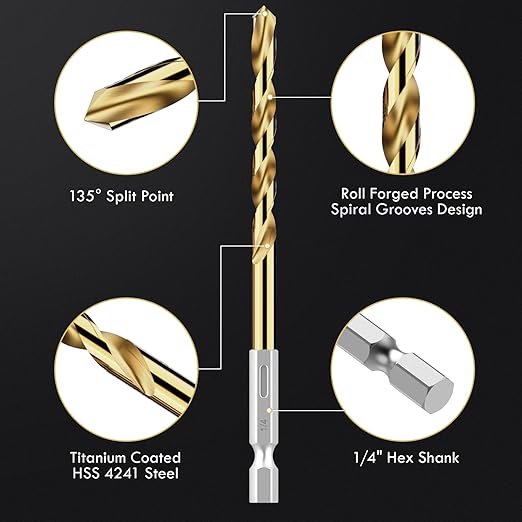 Hex Shank Drill Bit Set, 16Pcs 1/4“ HSS Titanium Twist Drill Bit for Sheet Metal, Wood, Plastic, Quick Change Design