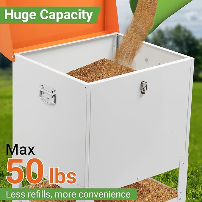 Chicken Feeder, 50LBS Capacity Metal Poultry Feeder (16” x 12.5” x 24.5”) for 10 Chickens, Powder-Coated Steel Feeder w/Waterproof Lid and Stainless Handles