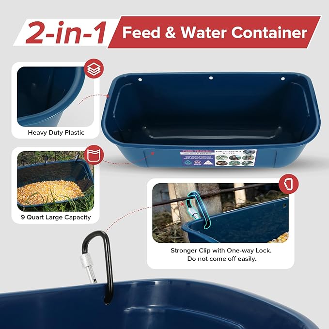 Goovilla Large Feed Trough, Hanging or Screw-in Fence Feeder with Clips, 2 Pack 9 Quart Goat Feeding Supplies, Dog Horse Hog Pig Livestock Poultry Plastic Feeder Trough Bucket for Large Animal, Blue