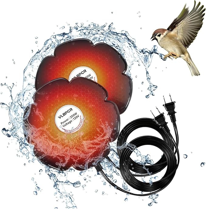2Pcs 250W Heated Bird Bath for Outdoors Winter, 8.7-inch Submersible Bird Bath Heater with Thermostat, Heating Plate & 6.6ft Cord for Garden Yard Patio