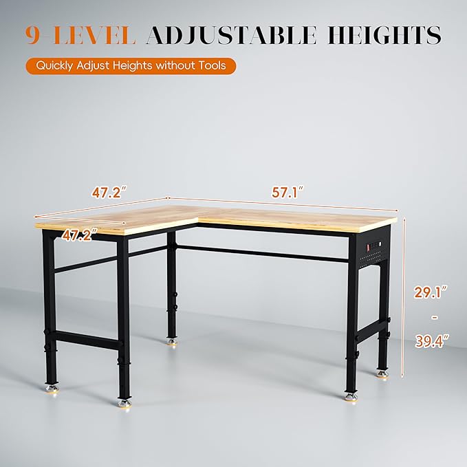 Betterhood 48"/60" Heavy-Duty Adjustable Workbench for Garage, Rubber Wood Shop Table,Hardwood Workstation Weight Capacity Over 1500 Lbs (L Shape/Rubber Pad/Power Outlets/Ruler/57.1" x47.2)