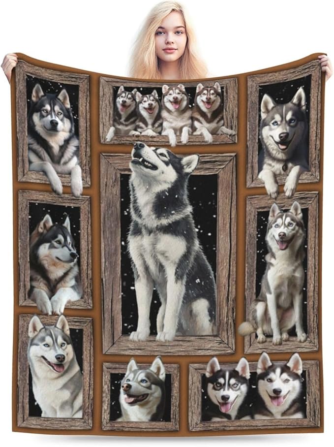 Siberian Husky Throw Blanket Funny Huskey Dogs Flannel Blankets Huskies Fuzzy Plush Super Soft Cozy Warm Decor Gifts for Boys Girls Kids Adults Men Women 50" x 60"