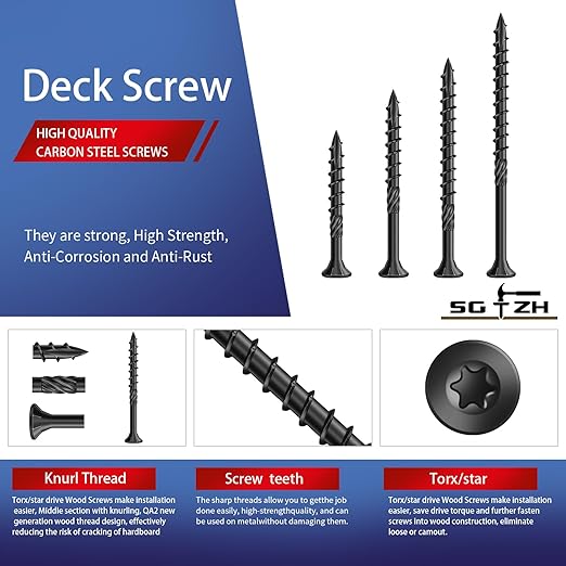 #10 x 2-1/2" Deck Screws (636Pcs) 8lb. Carbon Steel, Black, Flat Head, Rust Resistant epoxy Coated, with T25 Star Bit