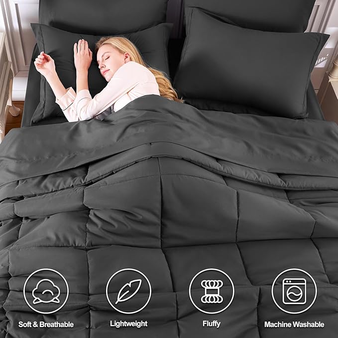 CozyLux Queen Comforter Set Dark Grey - 7 Pieces Bed in a Bag Queen, All Season Breathable Bedding Sets, Oeko-Tex Certified Bed Set with Down Alternative Comforter, Sheets, Pillowcases & Pillow Shams