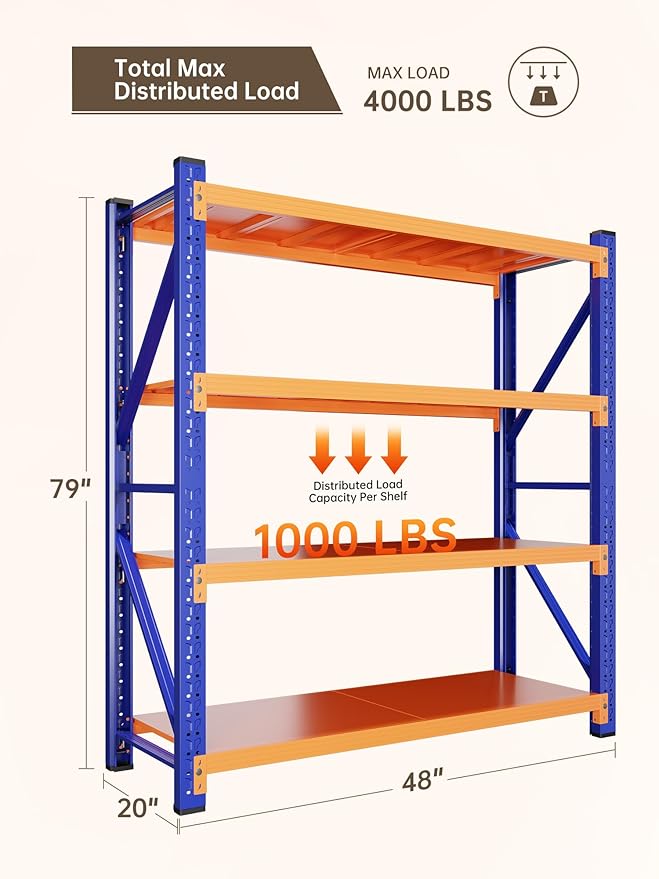 4-Tier Storage Shelves,79" H Heavy-Duty Garage Shelving Unit,Adjustable Metal Industrial Shelf System,3,500lbs Capacity,Tool Organizer for Garage,Workshop,48" W x 20" D x 79" H,Blue&Orange