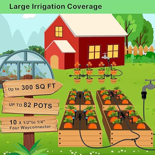 250FT Drip Irrigation Kit – 2025 New Quick-Connect Micro Irrigation System with 1/4'' 1/2'' Tubing, Locking Nozzle Emitters, Adjustable Misting Sprayers for Gardens, Lawns,Raised Beds and Greenhouses