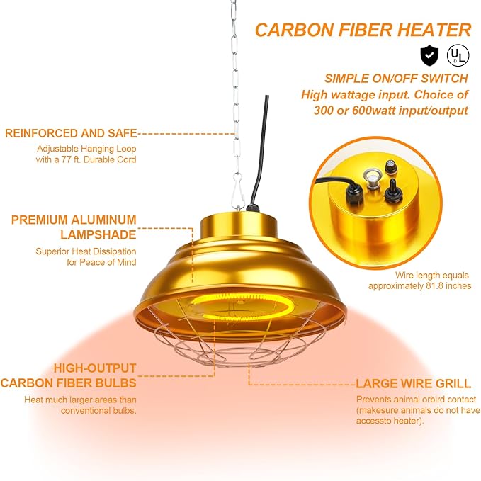 Heat Lamp for Chicken Coop WithFuse, 600 Watts Carbon Fiber Chicken coop Heater, Adjust 2 Mode Temp&Hanging Height, Waterproof For indoor &Outdoor Used,Suitable for Amphibians,chick,Duck,Pets