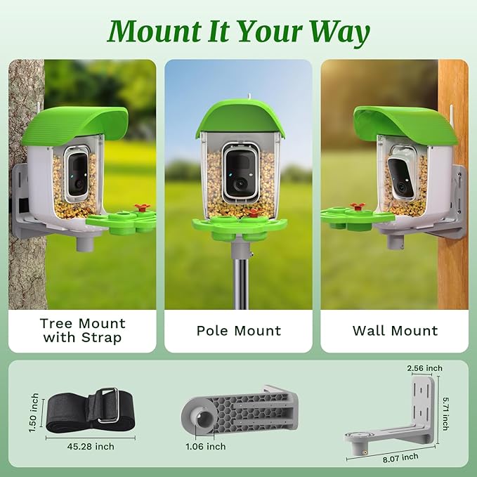 Smart Bird Feeder with Camera Solar Powered, AI Identify 11000+ Birds Species,2K Video Bird Feeder for Outdoors Garden,1L Large Capacity, for Birdlover,Green