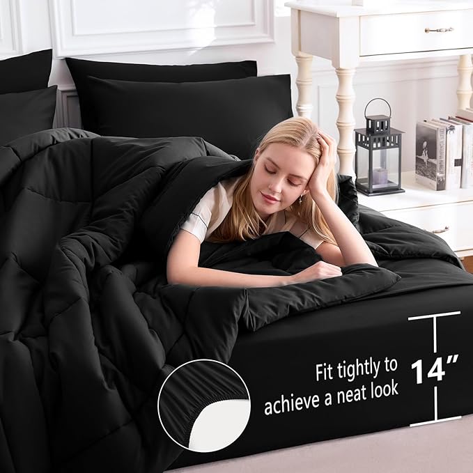 CozyLux Twin Comforter Set with Sheets Black, 5 Pieces Bed in a Bag, Black Comforter Twin Size, All Season Bedding Set with Stitch Quilted Comforter, Flat Sheet, Fitted Sheet, Pillowcases