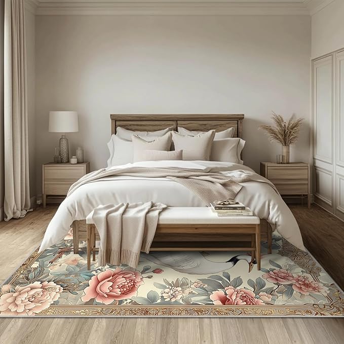 5x7 Crane Area Rugs Boho Japanese Crane Floral Rug for Living Room Indoor Soft Non-Slip Thin Large Carpet Beige Rugs for Bedroom Home Decor Under Table Washable Machine