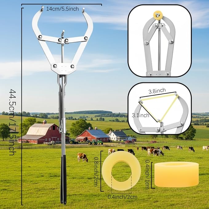 12 Elastrator Bands with Extra Large Stainless Steel Banding Tool Bander Livestock Management Fits Bull,Calves, Goats, Sheep, Easy Application