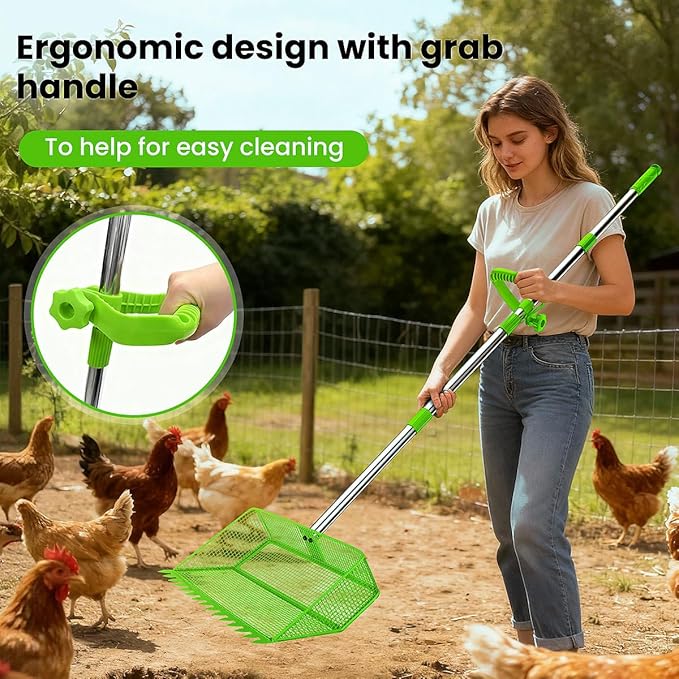 2025 Latest 12inch 2-in-1 Chicken Poop Scooper & Rake with Handle, Heavy-Duty Metal Chicken Coop Scoop for Sand Sifting Shovel Litter Scooper for Farm House Chicken Coop Cleaning Tools Accessories