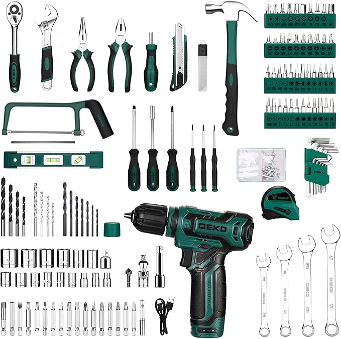 Tool Set: Tool Kit with 12V Cordless Drill, Hand Toolbox with storage case, Mechanic Tool set for Home Repairs, Green