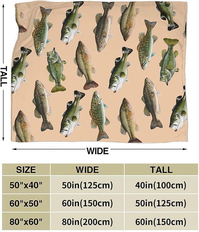 Fish Bass Blanket Decor Gifts for Fishing Lovers, Flannel Fleece Fuzzy Throw Blanket, Soft Warm Cozy Plush Ocean Animal Blankets for Bed Couch Living Room Stuff Decoration for Kids Adult Man 50"x40"
