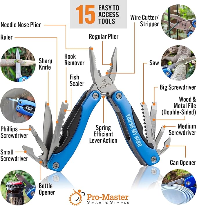 YOU ARE MY HERO 15-in-1 Multitool, Christmas Stocking Stuffer for Men, Compact Stainless Steel EDC, Practical Gift for Camping, Hiking, Fishing, Survival, All-in-One Tool for Dad, Brother, Boyfriend