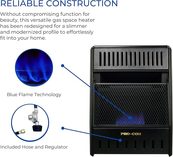 ProCom ML100TBAHR Ventless Propane Gas Blue Flame Space Heater with Thermostat Control for Living Room, Bedroom, Home Office, 10000 BTU, Heats Up to 300 Sq. Ft., Includes Wall Mount, Black