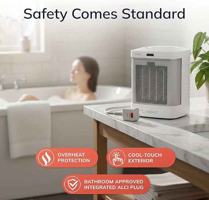 Lasko Portable Electric Ceramic Space Heater with ALCI Plug for Bathroom Use, 2 Heat Settings and Simple Heat Button, 8 Inches, White, 1500W, CD08200
