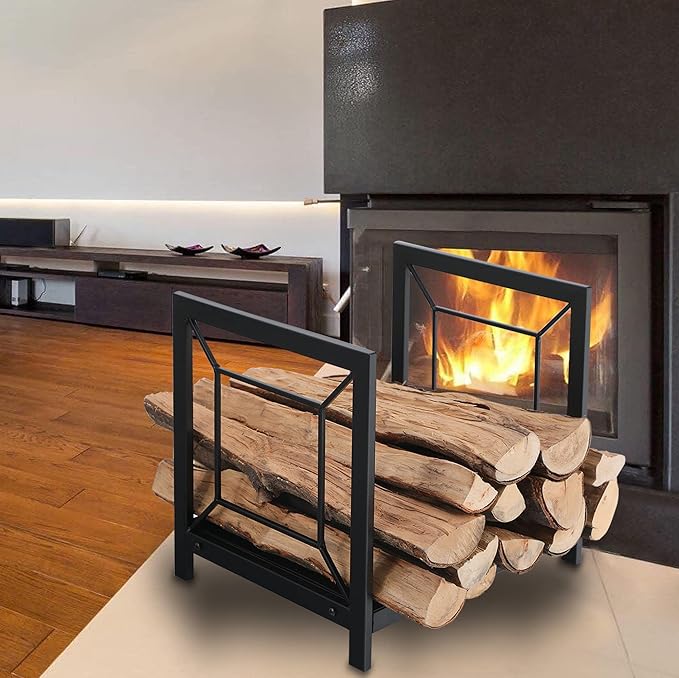 GREEN PARTY Firewood Rack Heavy Duty Large Firewood Holder, Indoor/Outdoor Log Rack Wood Holder for Fireplace, Kindling Wood Storage and Stove Accessories(Black) (Square Pattern)