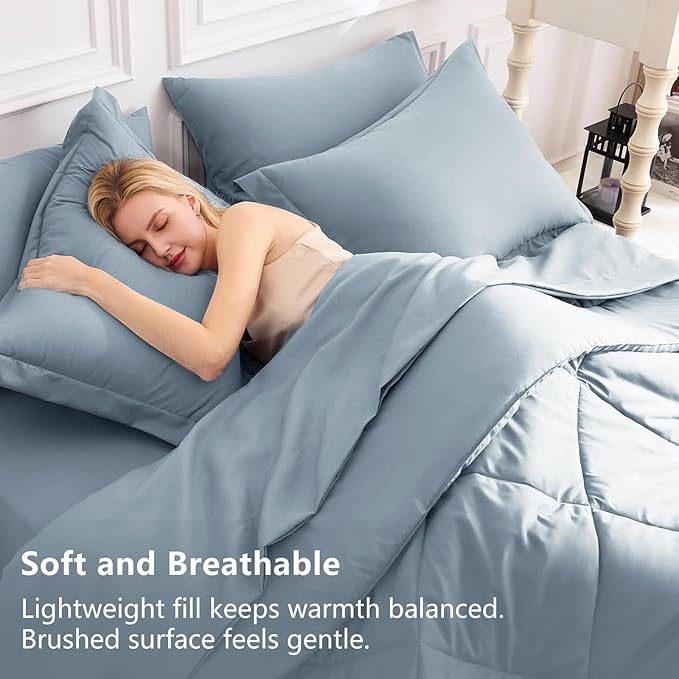 CozyLux Queen Comforter Set Dusty Blue - Bed in a Bag Queen Size 7 Pieces, Luxury Soft Bed Set for All Seasons, Bedding Set with Down Alternative Comforter, Sheets, Pillowcases & Shams, Grayish Blue