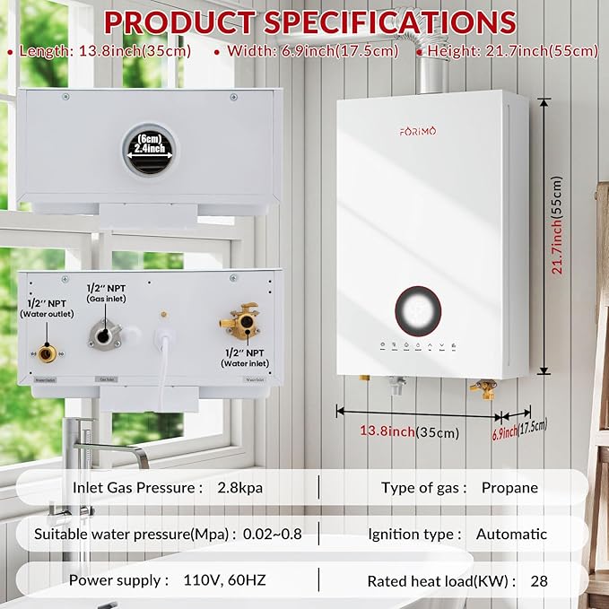 Tankless Water Heater Propane, 4.74 GPM 18L Indoor Instant Hot Water Heater with Digital Fahrenheit Display Multi-Protection Constant Temperature for Home & Apartment