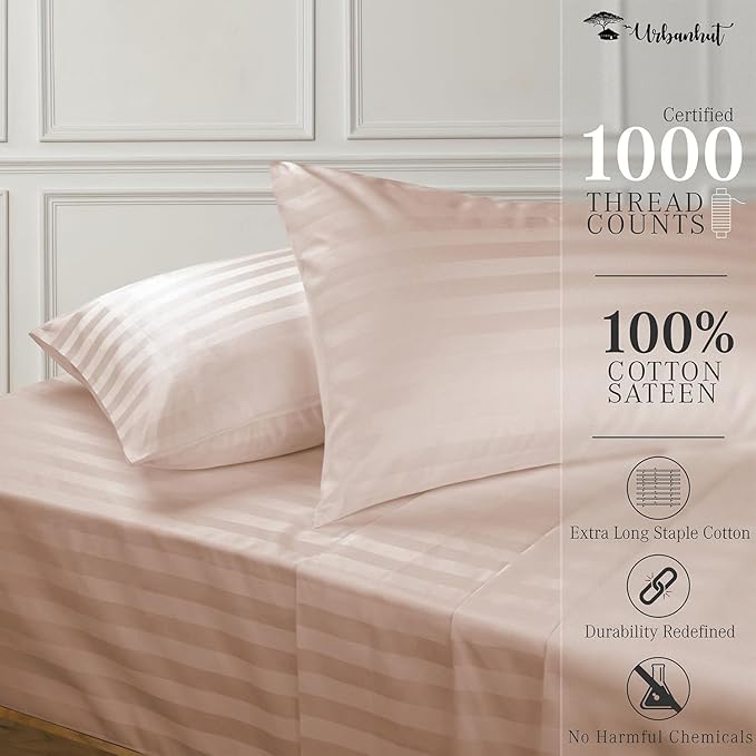 URBANHUT 1000 Thread Count Damask Striped Queen Size Egyptian Cotton Sheets, Long Staple Soft & Breathable, 4 Pc Bed Sheet Sets, Luxury Hotel Sateen Sheets Fits 16" Deep Pocket - Blush Pink