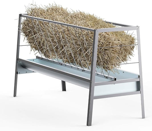 5 Ft Pasture Feeder, 77 Gallon Capacity Livestock Feeder with Deeper Feeding Pan, All Steel Frame, Easy to Assemble and Carry, Feeding Goats, Sheep and Miniature Horses, for Farms, Sheep Sheds