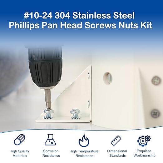 206Pcs #10-24 Pan Head Machine Screws Nuts Washers Assortment Kit, 1/4 to 1-1/4 inch Long Machine Screws, 304 Stainless Steel Screw Assorted Kit for Household Repairs, UNC Full Thread Phillips Drive