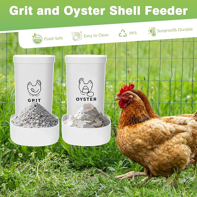 2 Pack Chicken Oyster Shell Feeder, Grit Feeder with Lid, Hanging Gravity Chicken Poultry Feeders Trough, Coop Accessories Supplies